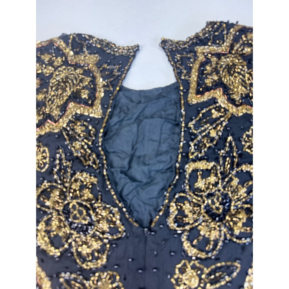 Black Tie Beaded Dress Size 10 Gold Flowers Vintage Cocktail‎ Party - Picture 8 of 11